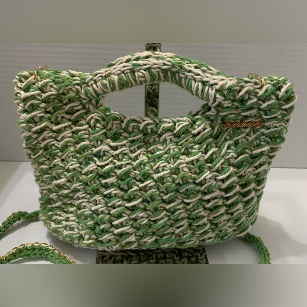 Textured Green Shoulder Bag Woven Design and Sturdy Handles Handmade Crochet